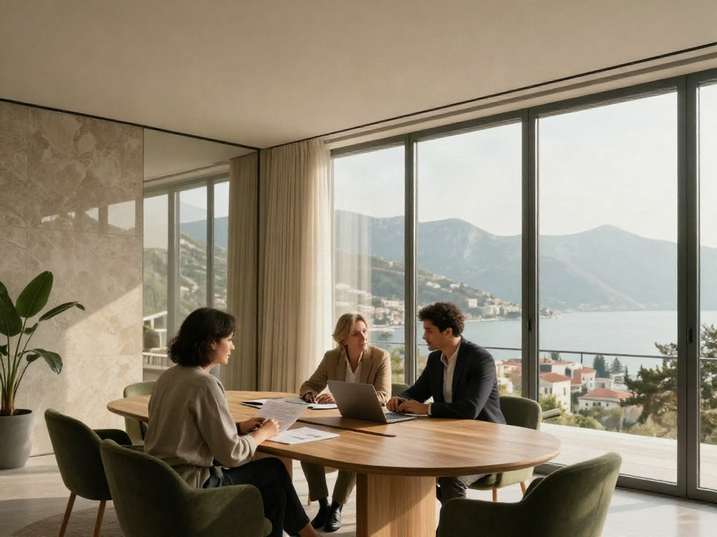 Consultants collaborating on a business strategy in a sunlit meeting room overlooking the mountains
